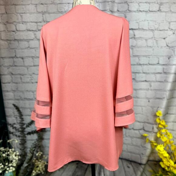 Casual V Neck 3/4 Bell Sleeve Mesh Panel Blouse Coral XL - Picture 5 of 7